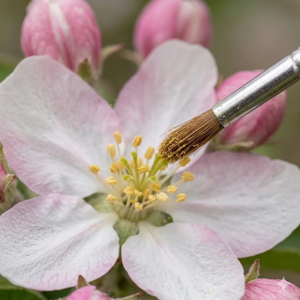 Applying fruit tree pollen directly to an apple blossom with a small brush