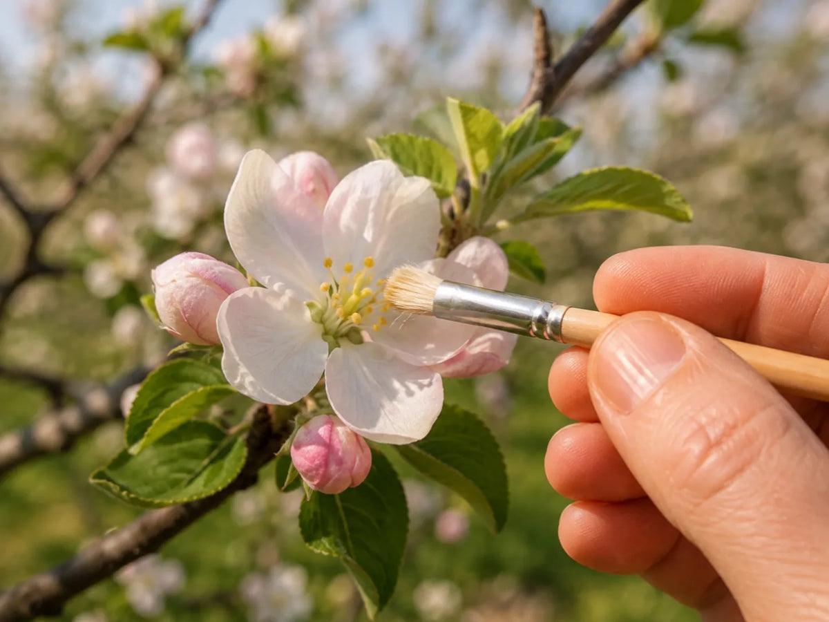 Compatible pollen applied directly to an apple blossom with a paint brush
