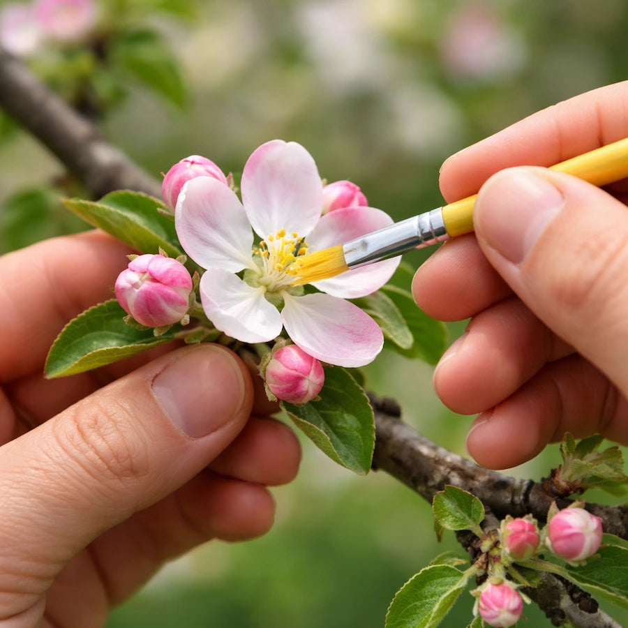 Applying supplemental pollen directly to an open fruit-tree blossom