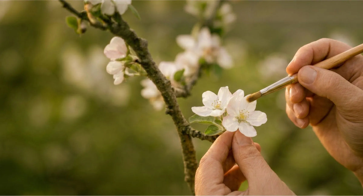 Hand pollinating apple blossoms using supplemental fruit tree pollen.