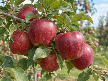 Ripe red apples growing in clusters on a tree in an apple orchard.