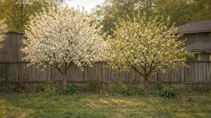 Apple trees blooming at different times, illustrating poor bloom overlap between compatible pollinizers.