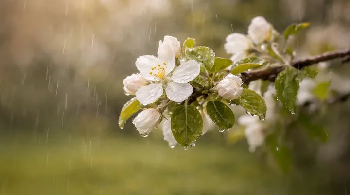 Apple blossoms in the rain, illustrating how wet weather can reduce pollinator activity during bloom.