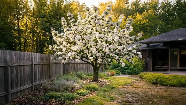 A single apple tree in bloom growing alone in a backyard without a nearby compatible pollinizer.